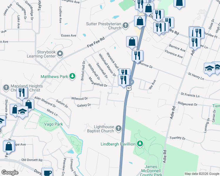 map of restaurants, bars, coffee shops, grocery stores, and more near 3305 Brierhall Drive in Bridgeton