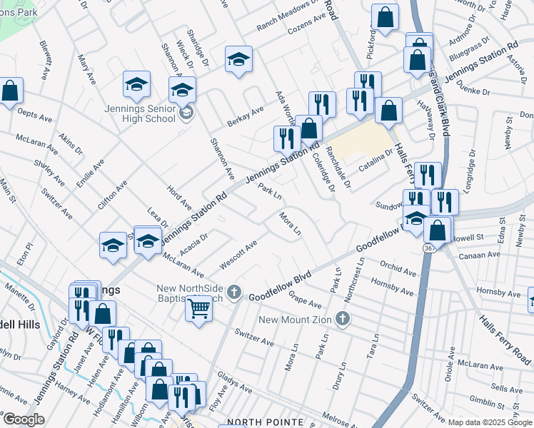 map of restaurants, bars, coffee shops, grocery stores, and more near 8855 Granada Place in Jennings