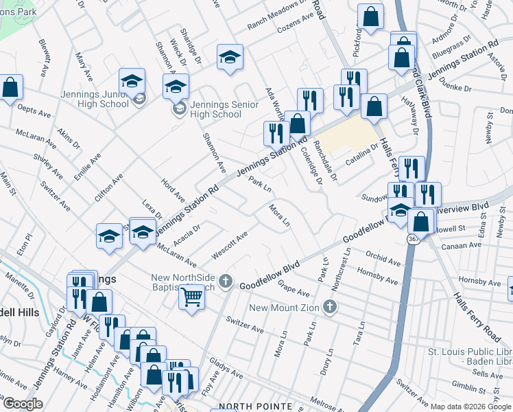 map of restaurants, bars, coffee shops, grocery stores, and more near 8843 Granada Place in Jennings
