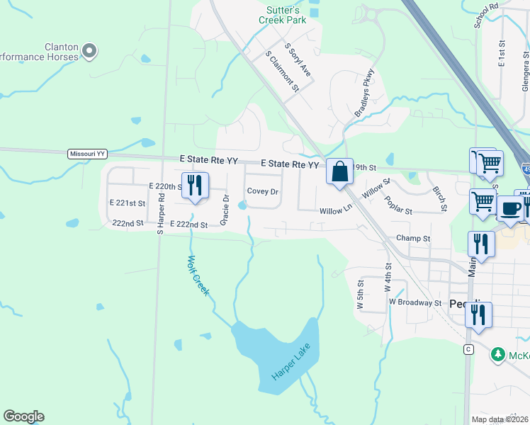 map of restaurants, bars, coffee shops, grocery stores, and more near 825 Quail Ridge Road in Peculiar