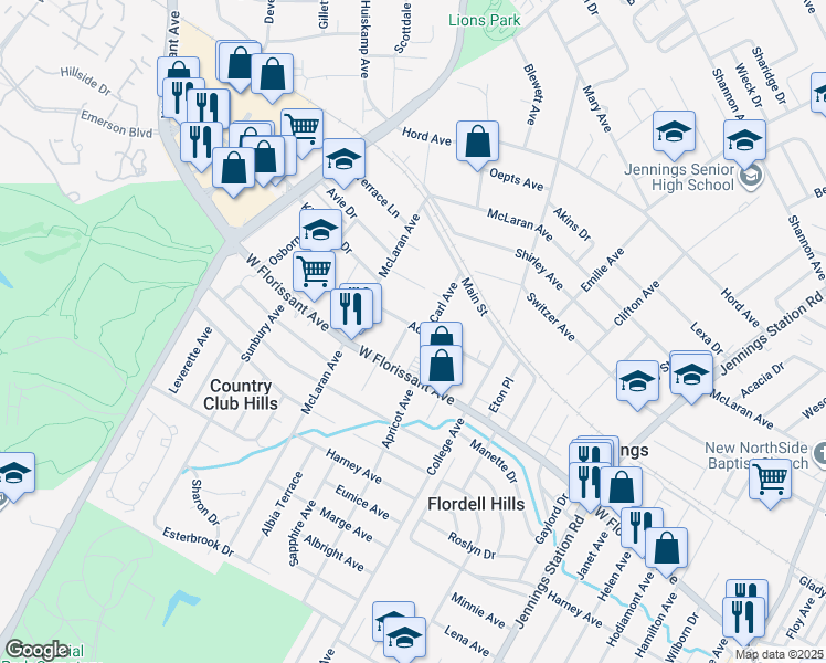 map of restaurants, bars, coffee shops, grocery stores, and more near 8326 Carl Avenue in Jennings