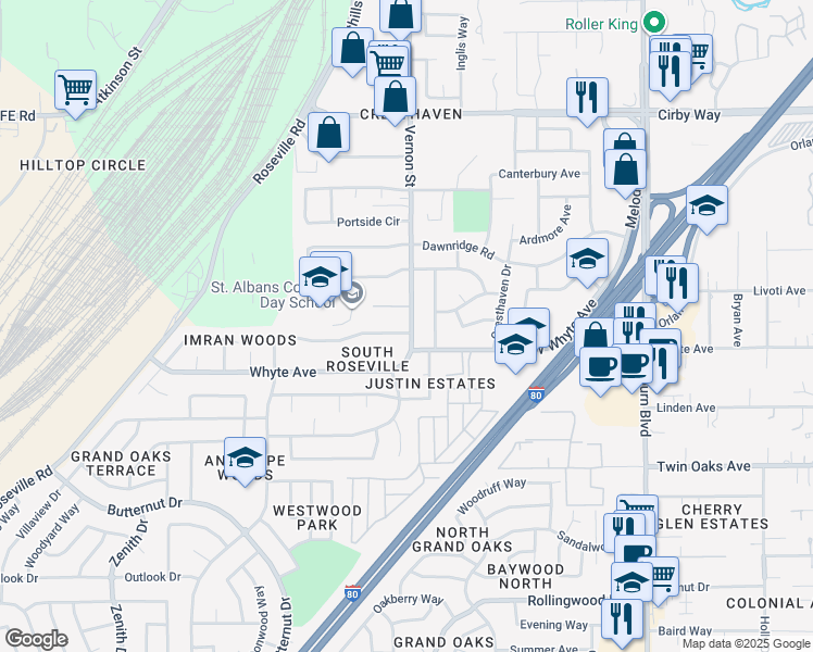 map of restaurants, bars, coffee shops, grocery stores, and more near 607 Vernon Oaks Drive in Roseville
