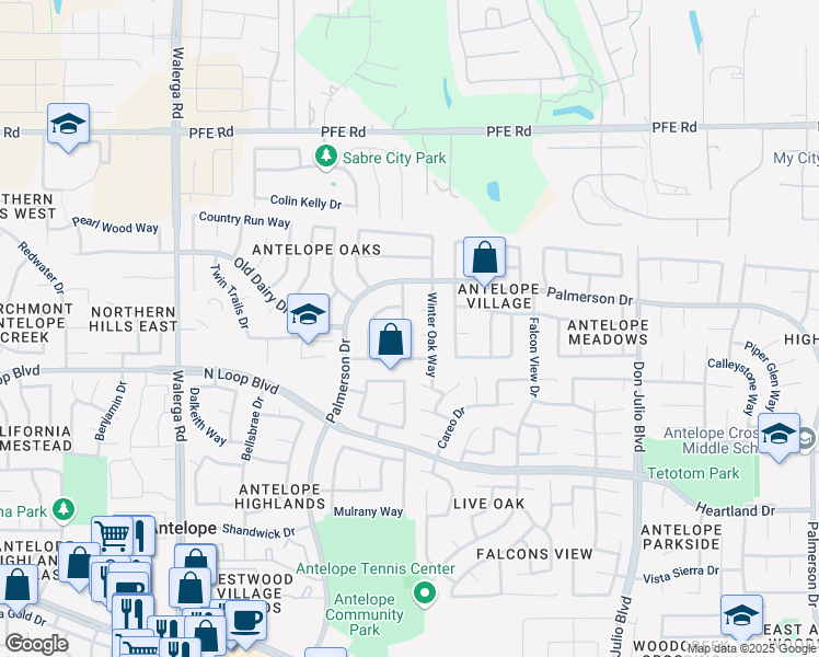 map of restaurants, bars, coffee shops, grocery stores, and more near 4632 Hideaway Court in Antelope