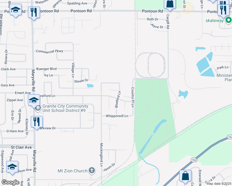 map of restaurants, bars, coffee shops, grocery stores, and more near 2623 Stratford Lane in Granite City