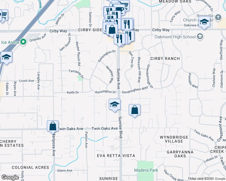 map of restaurants, bars, coffee shops, grocery stores, and more near 1032 Kensington Drive in Roseville