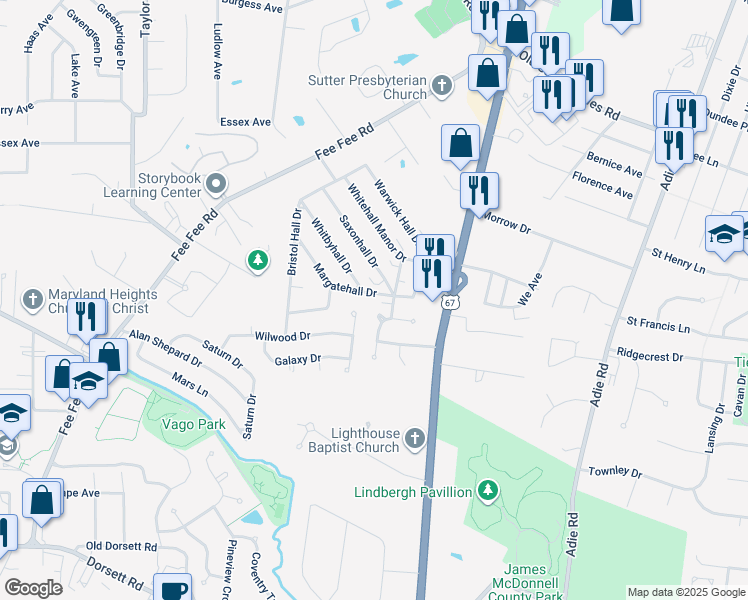 map of restaurants, bars, coffee shops, grocery stores, and more near 2952 Galaxy Place in Maryland Heights