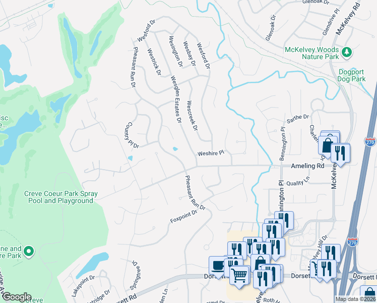 map of restaurants, bars, coffee shops, grocery stores, and more near 2311 Wesglen Estates Drive in Maryland Heights