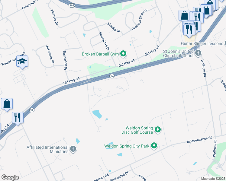 map of restaurants, bars, coffee shops, grocery stores, and more near 600 Breeze Park Lane in Weldon Spring