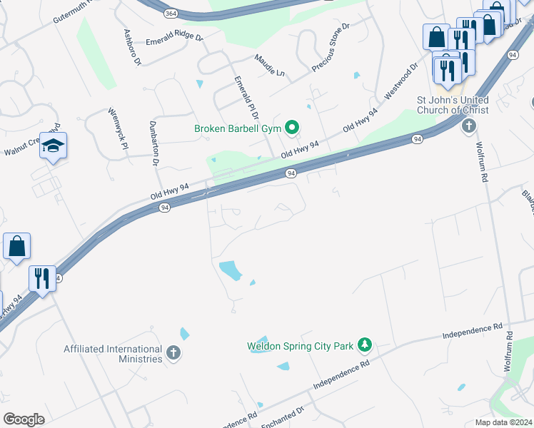 map of restaurants, bars, coffee shops, grocery stores, and more near 600 Breeze Park Lane in Weldon Spring