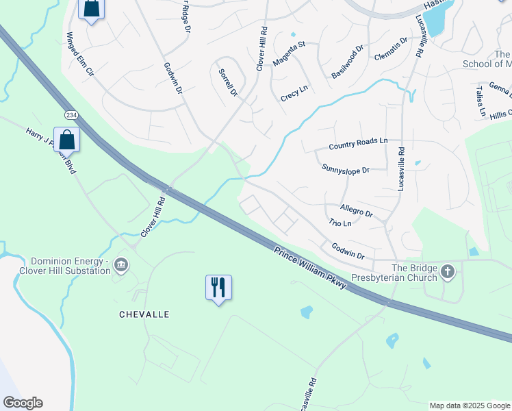 map of restaurants, bars, coffee shops, grocery stores, and more near 9775 Cheshire Ridge Circle in Manassas
