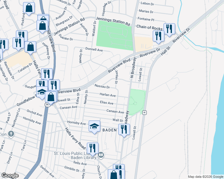 map of restaurants, bars, coffee shops, grocery stores, and more near 862 Nassau Drive in St. Louis