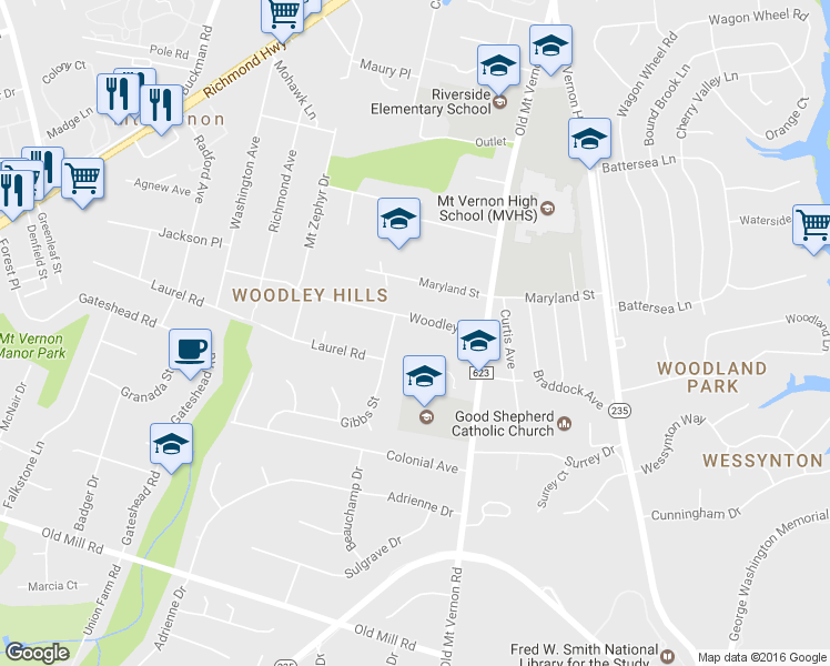 map of restaurants, bars, coffee shops, grocery stores, and more near 3801 Woodley Drive in Alexandria