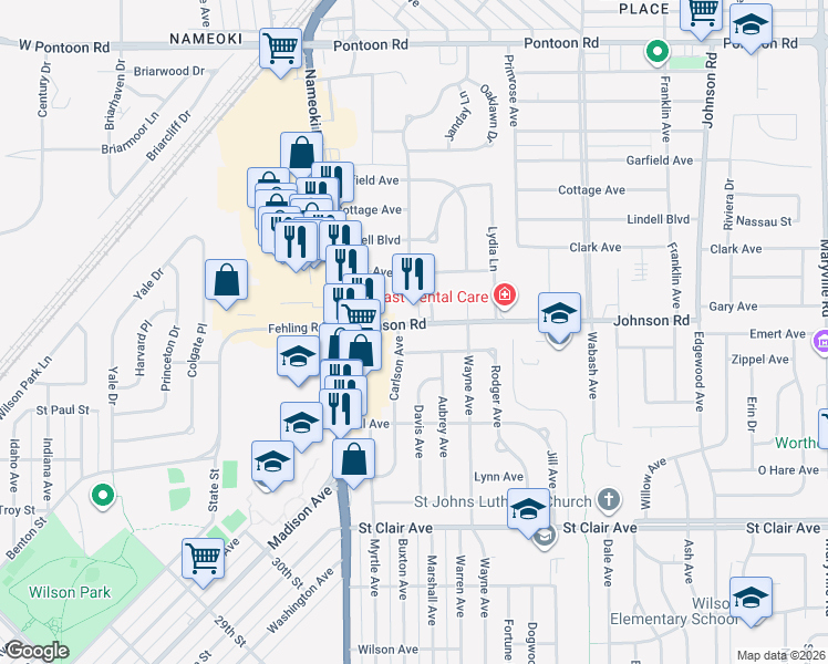 map of restaurants, bars, coffee shops, grocery stores, and more near 3256 Carlson Avenue in Granite City