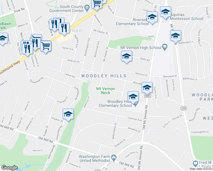 map of restaurants, bars, coffee shops, grocery stores, and more near 4016 Laurel Road in Alexandria