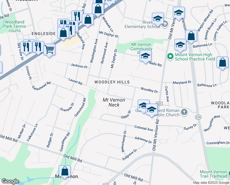 map of restaurants, bars, coffee shops, grocery stores, and more near 4016 Laurel Road in Alexandria