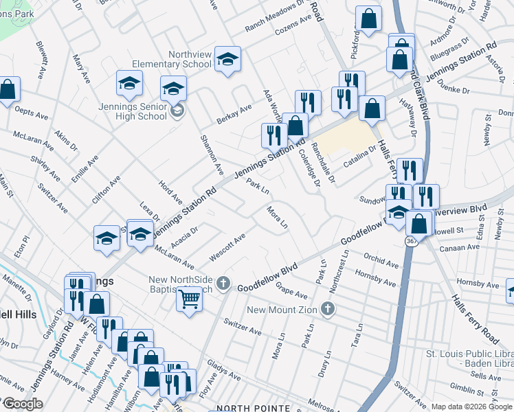 map of restaurants, bars, coffee shops, grocery stores, and more near 8843 Granada Place in Jennings