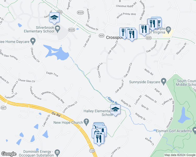 map of restaurants, bars, coffee shops, grocery stores, and more near 8620 Cross Oaks Lane in Fairfax Station