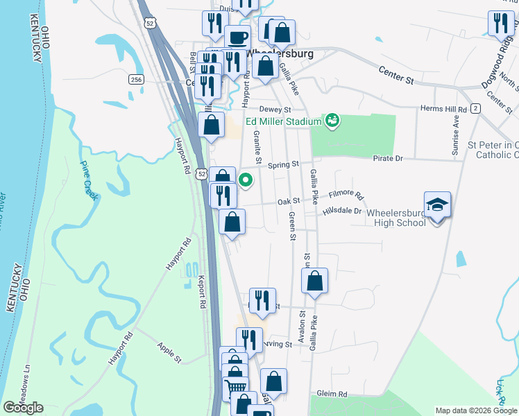 map of restaurants, bars, coffee shops, grocery stores, and more near 8503 Granite Street in Wheelersburg