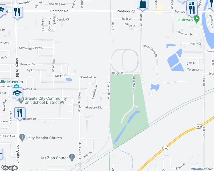 map of restaurants, bars, coffee shops, grocery stores, and more near 3300 Country Place Lane in Granite City