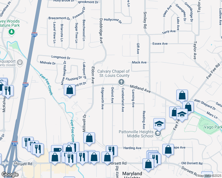 map of restaurants, bars, coffee shops, grocery stores, and more near 5 Delord Avenue in Maryland Heights