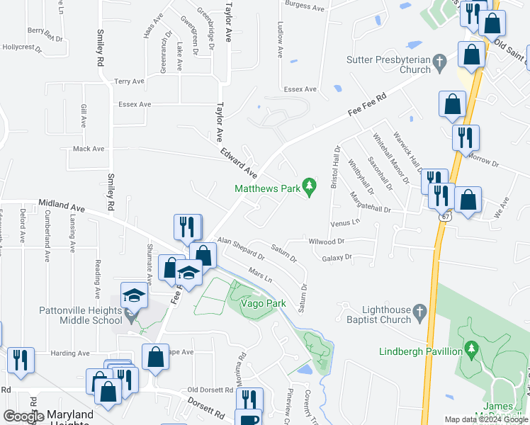 map of restaurants, bars, coffee shops, grocery stores, and more near 2920 Fee Fee Road in Maryland Heights