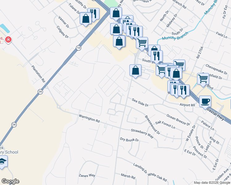 map of restaurants, bars, coffee shops, grocery stores, and more near 17 Laura's Way in Rehoboth Beach