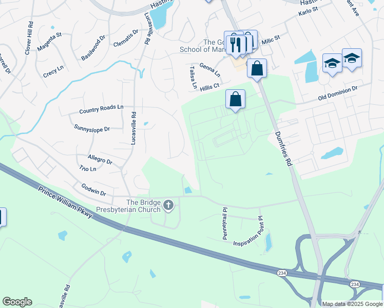map of restaurants, bars, coffee shops, grocery stores, and more near 10649 Fence Post Court in Manassas
