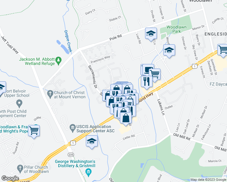 map of restaurants, bars, coffee shops, grocery stores, and more near 5375B Bedford Terrace in Alexandria