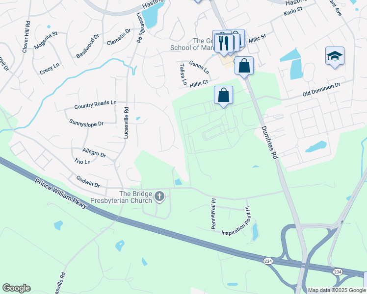 map of restaurants, bars, coffee shops, grocery stores, and more near 10649 Fence Post Court in Manassas