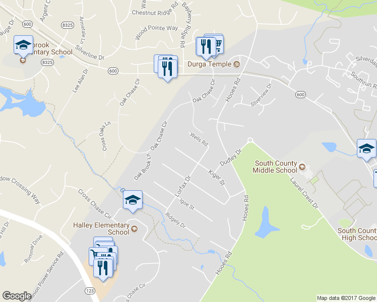 map of restaurants, bars, coffee shops, grocery stores, and more near 9012 Kiger Street in Lorton