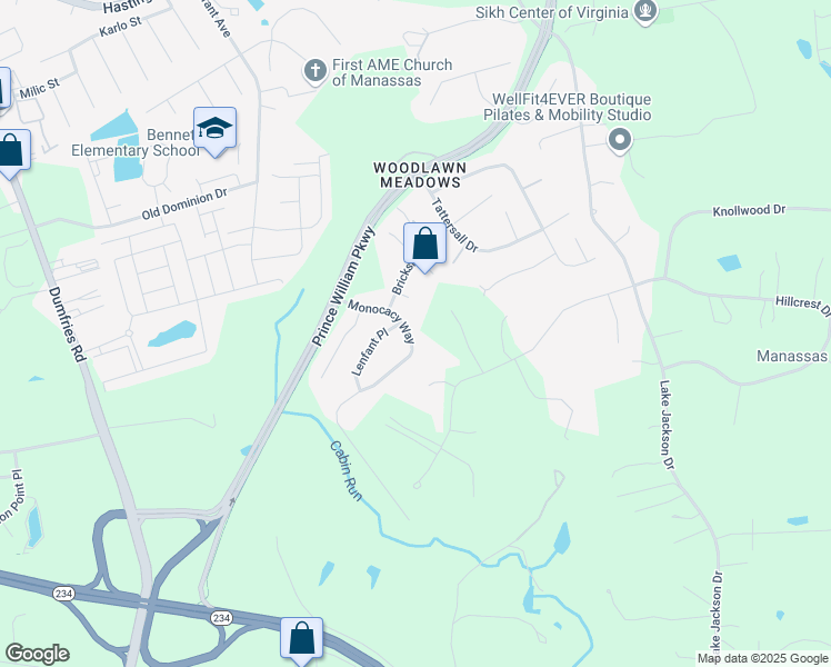 map of restaurants, bars, coffee shops, grocery stores, and more near 10741 Monocacy Way in Manassas