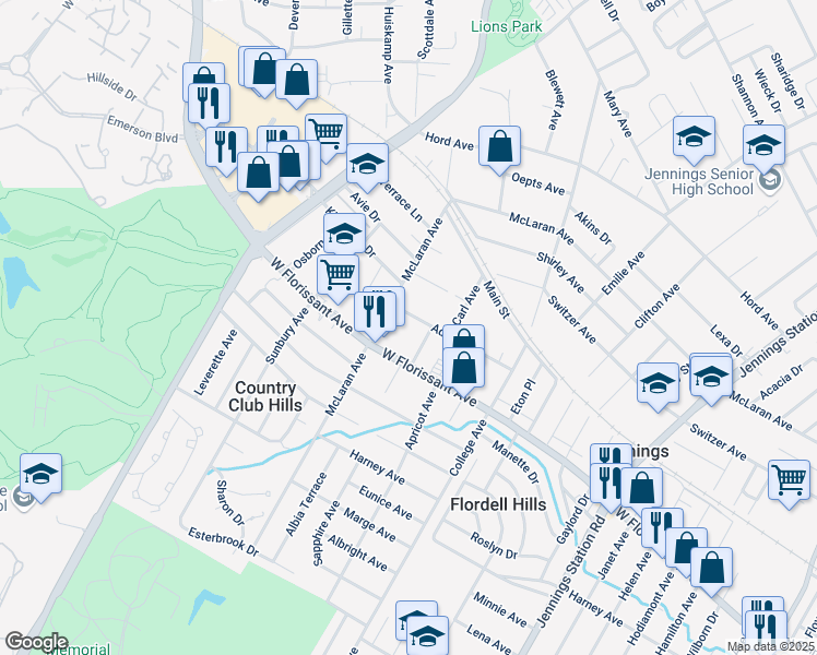 map of restaurants, bars, coffee shops, grocery stores, and more near 8326 Carl Avenue in Jennings