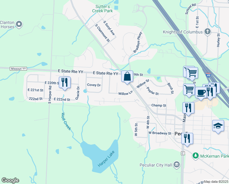 map of restaurants, bars, coffee shops, grocery stores, and more near 623 Willow Lane in Peculiar