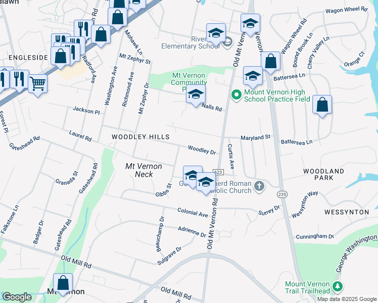 map of restaurants, bars, coffee shops, grocery stores, and more near 3801 Woodley Drive in Alexandria