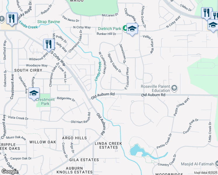 map of restaurants, bars, coffee shops, grocery stores, and more near 1464 West Colonial Parkway in Roseville