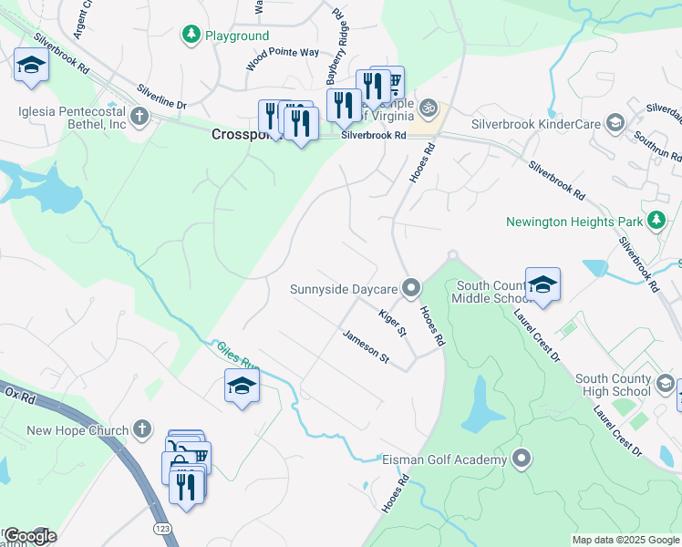 map of restaurants, bars, coffee shops, grocery stores, and more near 9012 Kiger Street in Lorton