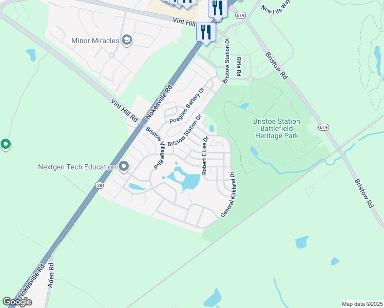 map of restaurants, bars, coffee shops, grocery stores, and more near 11785 Alexander Hays Road in Bristow