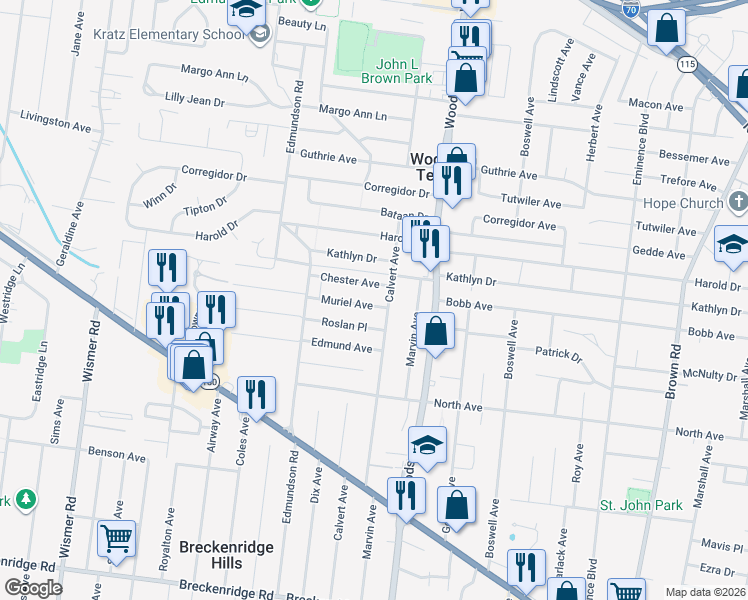 map of restaurants, bars, coffee shops, grocery stores, and more near 9411 Roslan Place in St. Louis