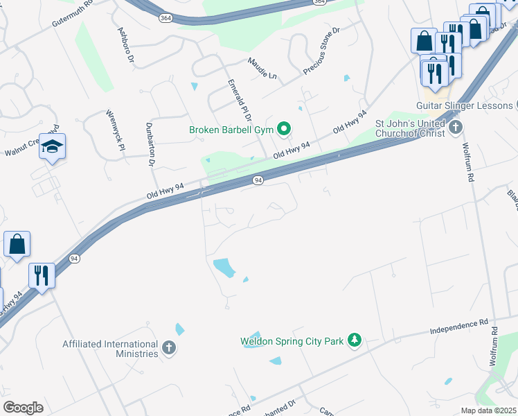 map of restaurants, bars, coffee shops, grocery stores, and more near 600 Breeze Park Drive in Weldon Spring