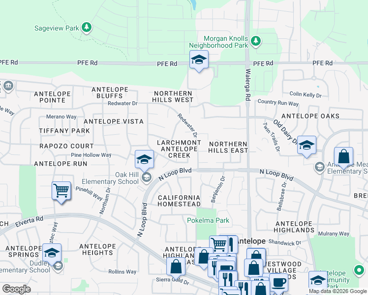 map of restaurants, bars, coffee shops, grocery stores, and more near 8323 Story Ridge Way in Antelope