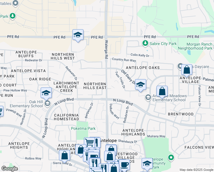 map of restaurants, bars, coffee shops, grocery stores, and more near 4308 Albertville Way in Antelope