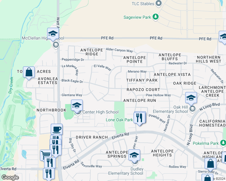 map of restaurants, bars, coffee shops, grocery stores, and more near 3408 Black Eagle Drive in Antelope
