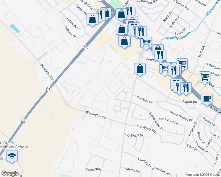 map of restaurants, bars, coffee shops, grocery stores, and more near 34375 Bronze Street in Rehoboth Beach