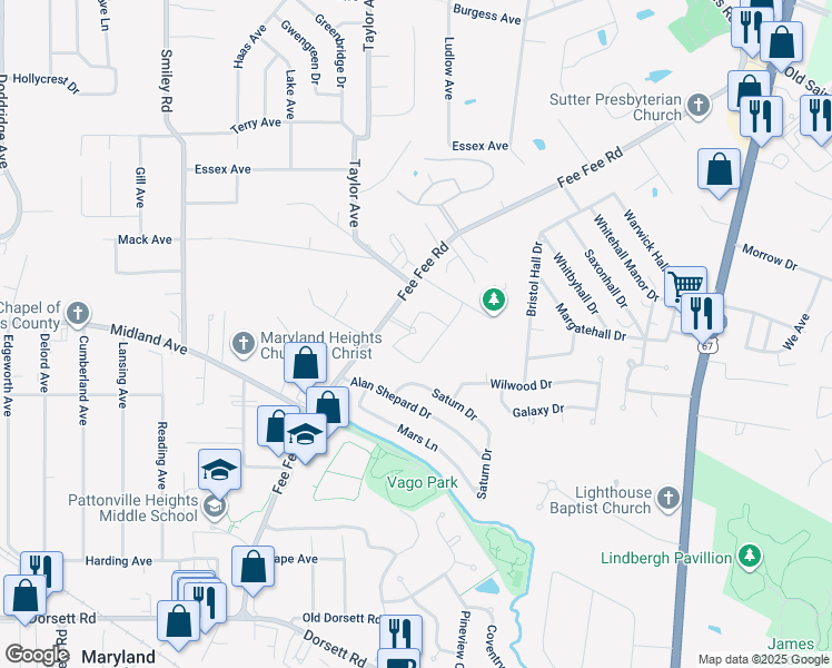 map of restaurants, bars, coffee shops, grocery stores, and more near 2920 Fee Fee Road in Maryland Heights