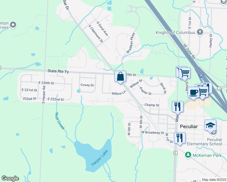 map of restaurants, bars, coffee shops, grocery stores, and more near 615 Willow Lane in Peculiar