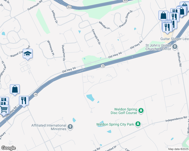 map of restaurants, bars, coffee shops, grocery stores, and more near 890 Westerfield Drive North in Weldon Spring