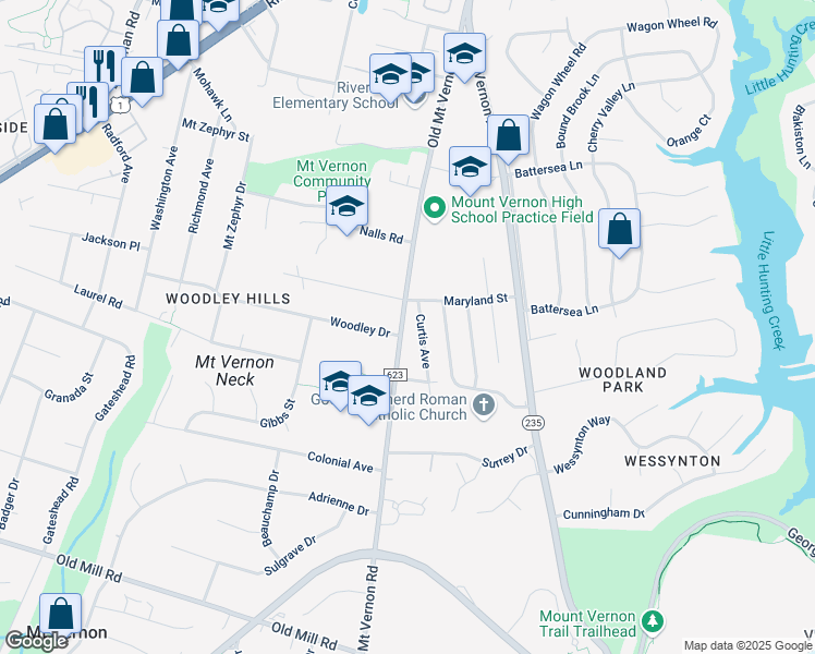 map of restaurants, bars, coffee shops, grocery stores, and more near 8621 Old Mount Vernon Road in Alexandria