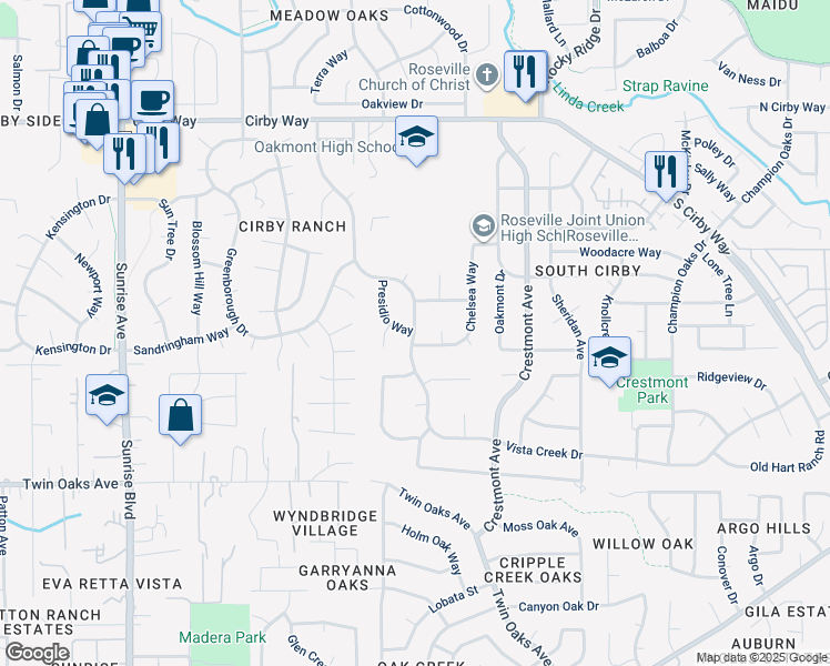map of restaurants, bars, coffee shops, grocery stores, and more near 1722 Vista Creek Drive in Roseville