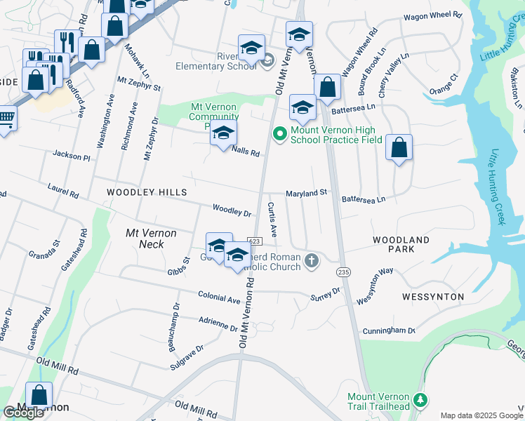 map of restaurants, bars, coffee shops, grocery stores, and more near 8621 Old Mount Vernon Road in Alexandria