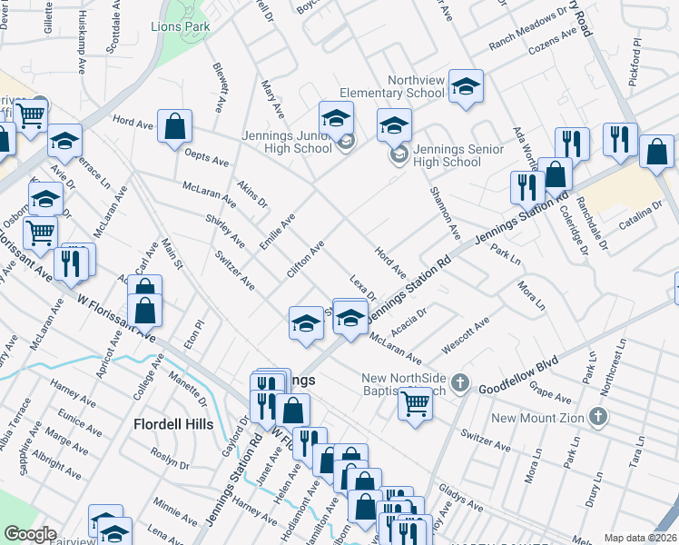 map of restaurants, bars, coffee shops, grocery stores, and more near 2123 McLaran Avenue in Jennings